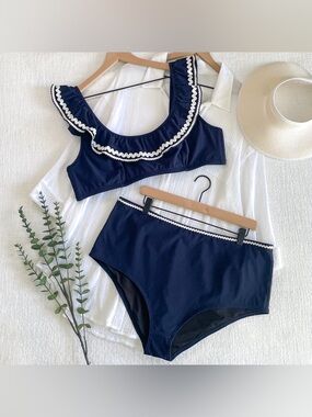 J. Crew navy ruffle bikini set.